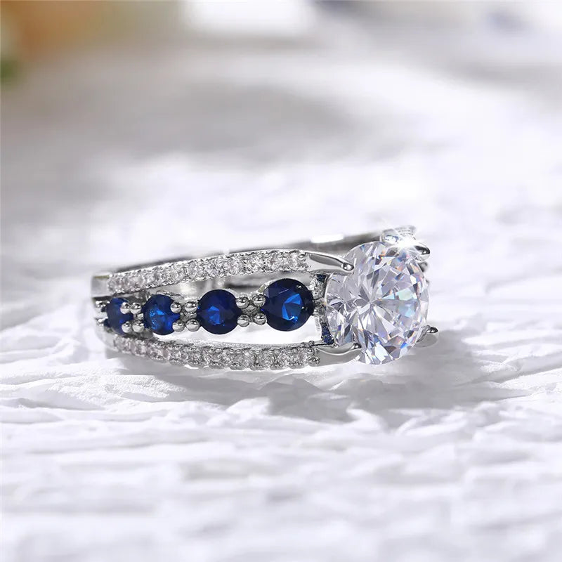 EFLAVOUR™ Special-interest Wedding Rings Women Blue/White Round CZ