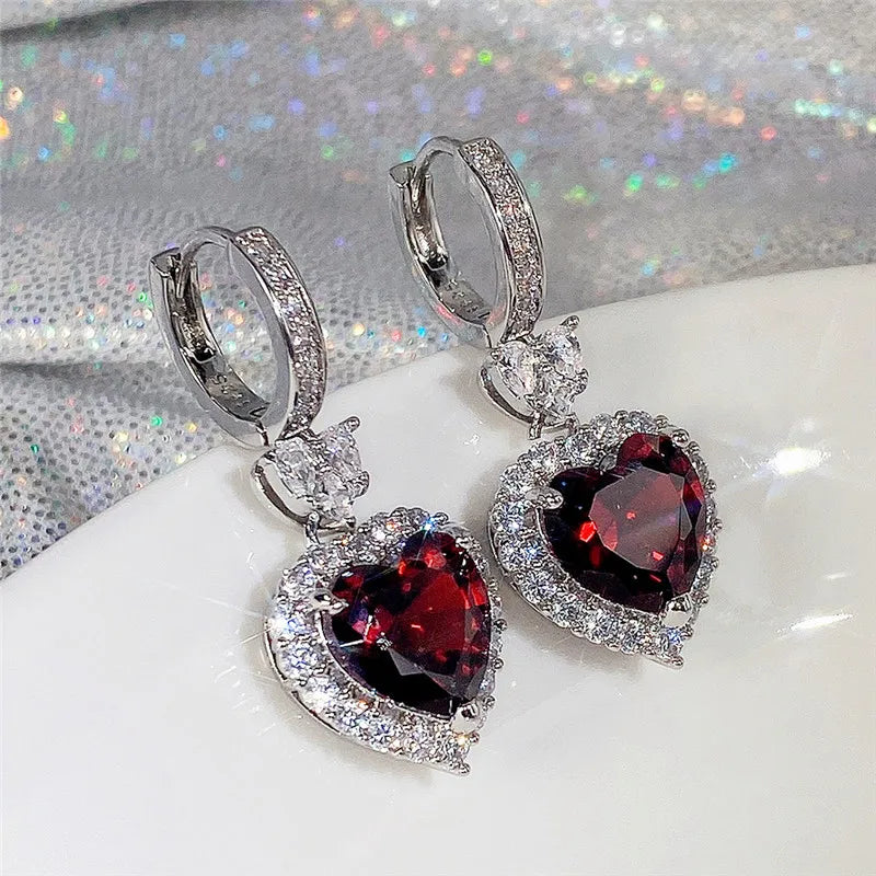 EFLAVOUR™Blue/Garnet Heart Cubic Zirconia Wedding Earrings