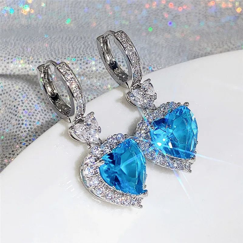 EFLAVOUR™Blue/Garnet Heart Cubic Zirconia Wedding Earrings