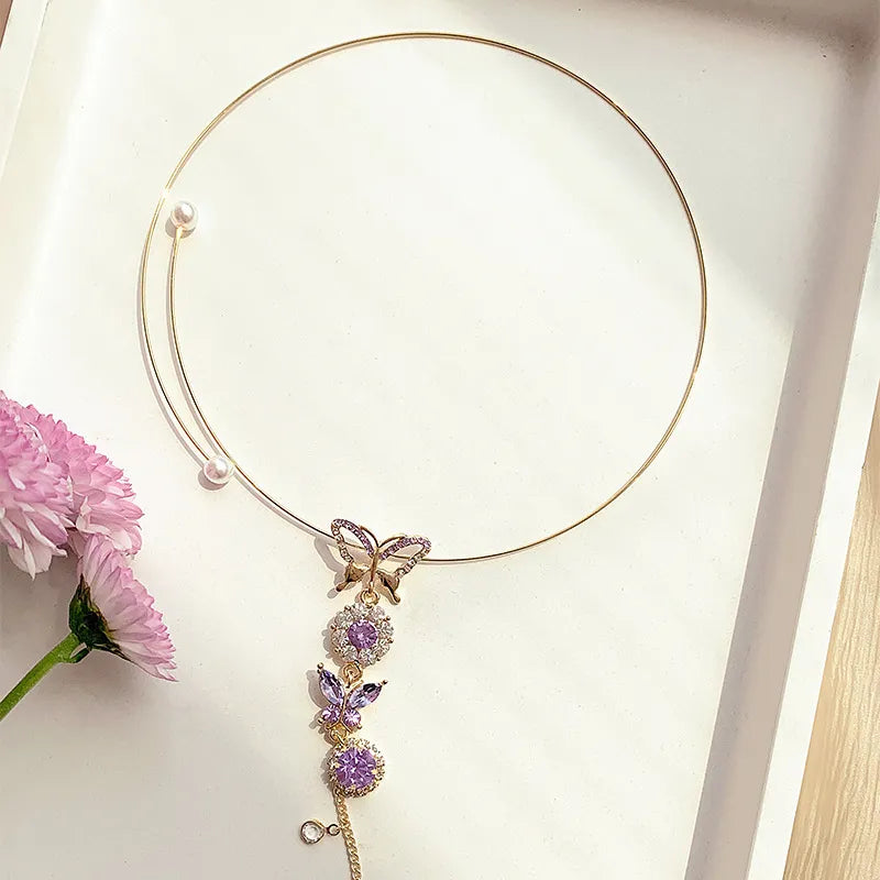 EFLAVOUR™ New Purple Pearl Butterfly Flower Necklace