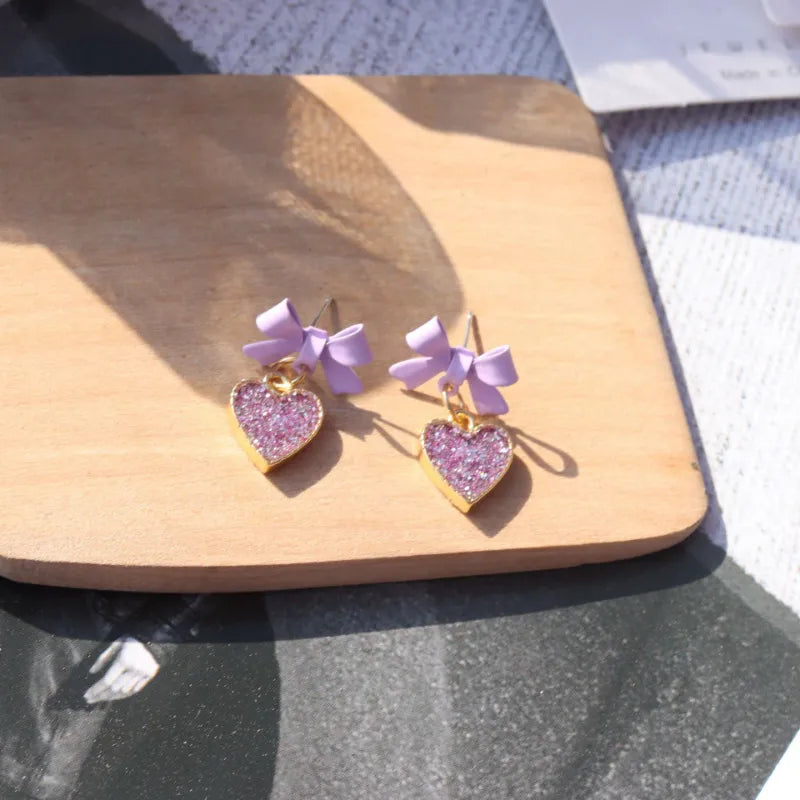 EFLAVOUR™ Purple and Red Bow Heart Earrings
