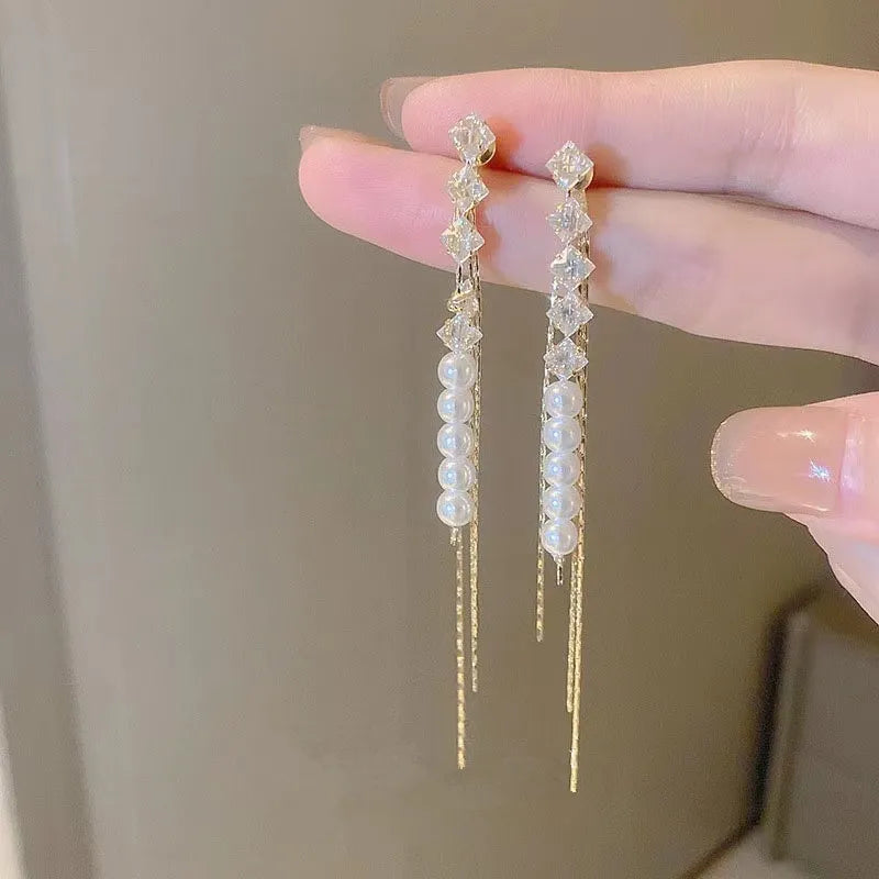 EFLAVOUR™ Crystal Pearl Long Tassel Drop Earrings Women's Premium