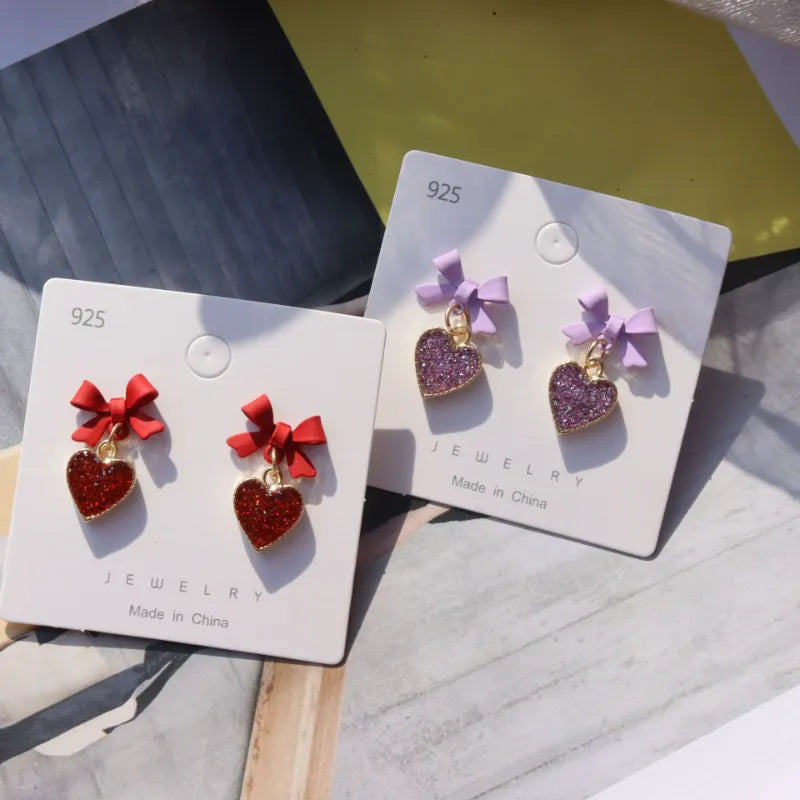 EFLAVOUR™ Purple and Red Bow Heart Earrings