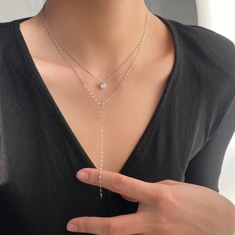 EFLAVOUR™ Long Y-shaped Tassel Shiny Rhinestone Necklace