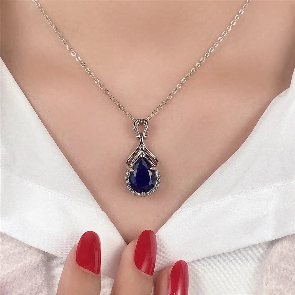 EFLAVOUR™ Luxury Temperament Blue Pear Cubic Zirconia Pendant Necklac