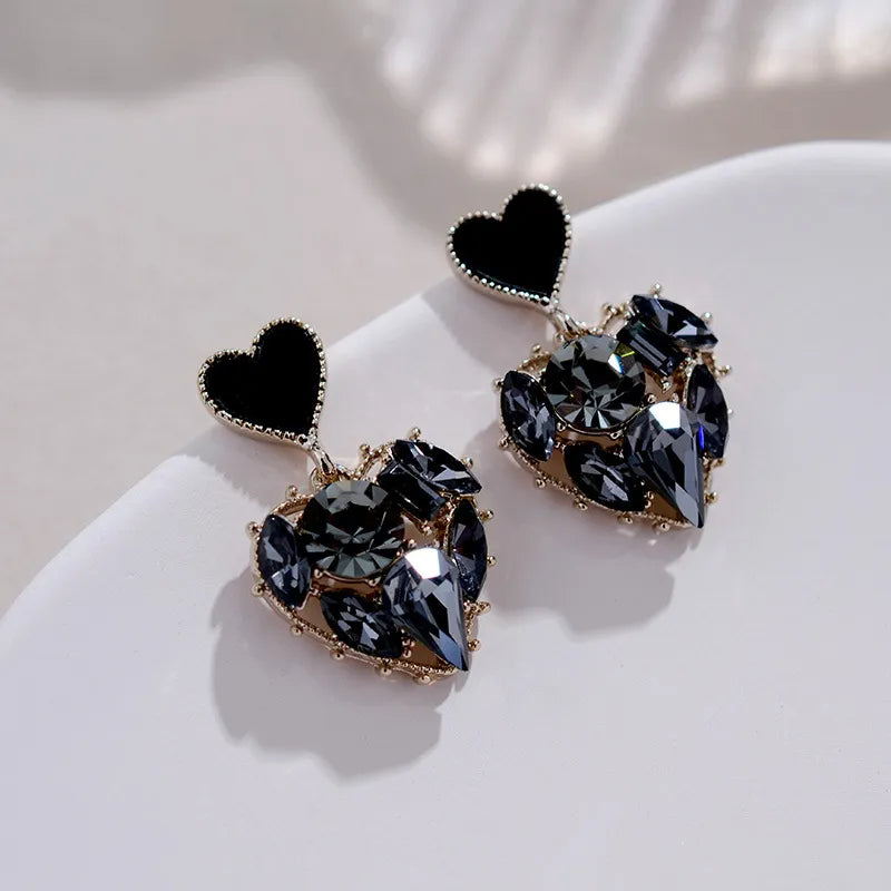 Colección 2023 New Fashion Women Black Rhinestone Love Earrings