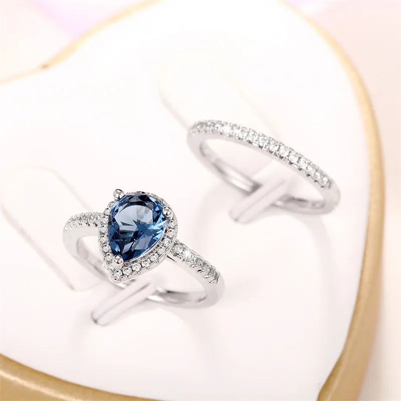 EFLAVOUR™ Elegant Pear Blue CZ Wedding Ring Set