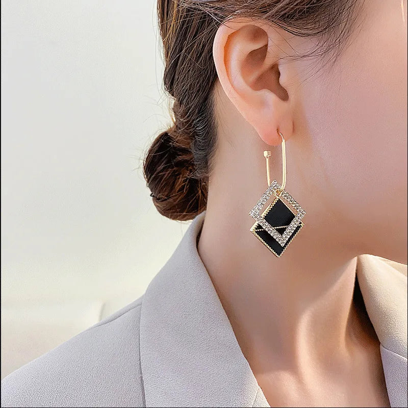 EFLAVOUR™" Luxury Fashion Black Color Geometric Double Square Hoop Earrings