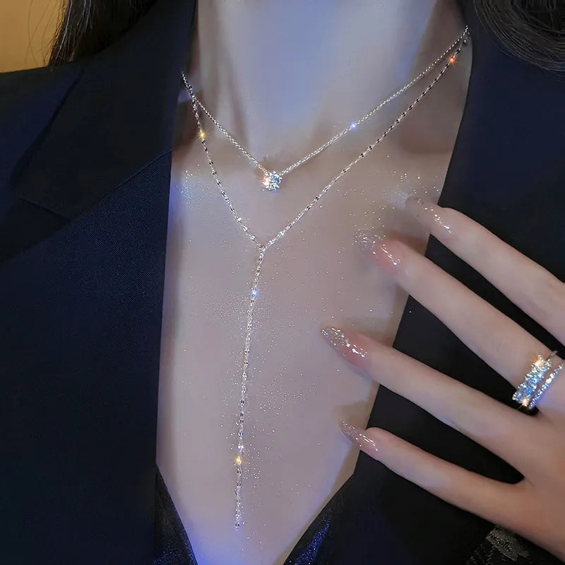 EFLAVOUR™ Long Y-shaped Tassel Shiny Rhinestone Necklace