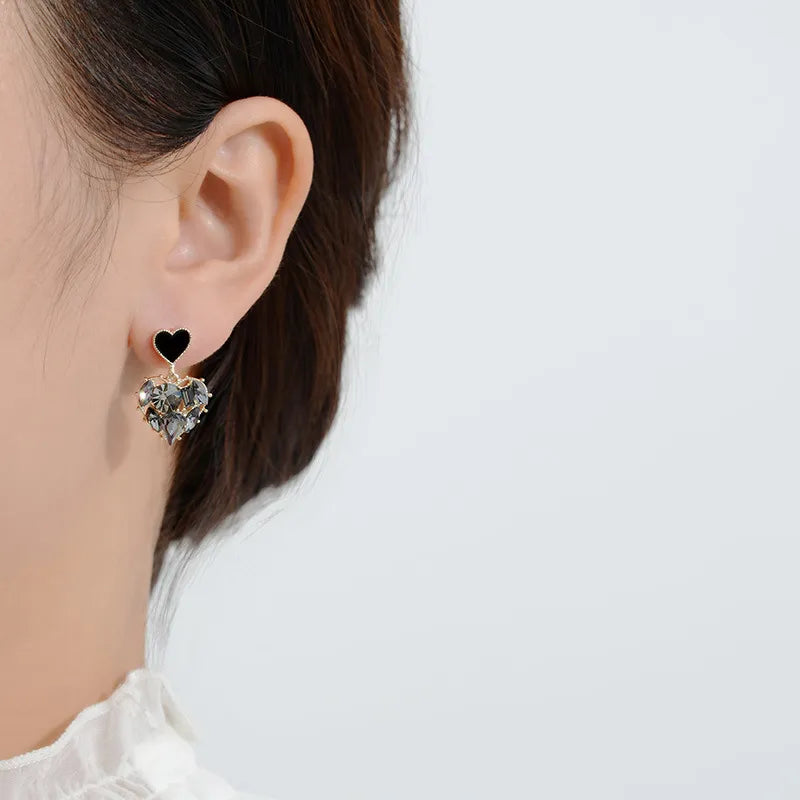 Colección 2023 New Fashion Women Black Rhinestone Love Earrings